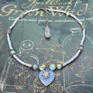 Opalite crystal heart and star choker/ necklace / celestial choker/ aura Quartz raw point/ gold/ opalite choker