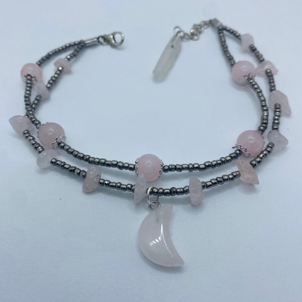 Rose quartz double wrap anklet with moon and angel aura Quartz