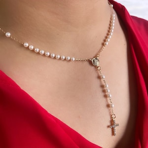 18k Gold Filled Simulated Pearls Our Lady of Guadalupe Rosary Necklace with Cubic Zirconia Cross, Guadalupe Virgin Rosary, Wholesale Jewelry