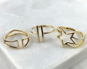 Adjustable 18k Gold Filled Rings Featuring Designs Parallel, Crown and Star Wholesale Jewelry Supplies
