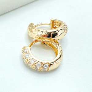 18k Gold Filled 16mm Texturized Huggie Earrings with Micro Cubic Zirconia, Wholesale Jewelry Making Supplies