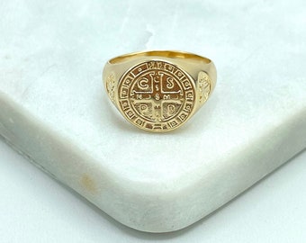 18k Gold Filled St Benedict Signet Men's Ring, Medal Cross Ring, Religious Christian Catholic Men's Ring, Wholesale Jewelry