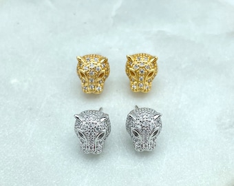 18k Gold Filled or Silver Filled Micro Pave Cubic Zirconia Panther Head Shape Stud Earrings, Leopard Stud Earrings, Wholesale Jewelry
