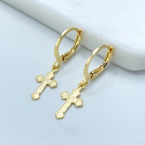 18k Gold Filled 12mm Huggie Earrings with Jesus Christ Crucifix Cross Shape Charm, Dangle Earrings, Wholesale Jewelry Making Supplies