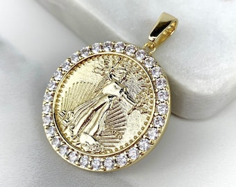 18k Gold Filled Lady Liberty Coin Pendant Surrounded By Cubic Zirconia Stones Wholesale Jewelry Making Supplies