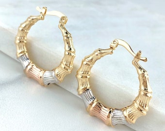 18k Layered Real Gold Filled Round Bamboo Hoop Earrings – Multi-Color Options