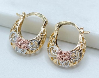 18k Gold Filled, Three Color, Rose Gold Flower 17mm Basket Earrings, 8mm Thickness, Wholesale Jewelry Making Supplies