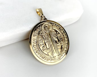 18k Gold Filled San Benito Coin, 2 Sided Round Pendant Charms, Reversible San Benito, Catholic Jewelry, for Wholesale and Jewelry Supplies