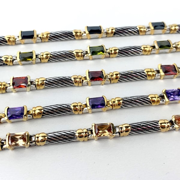 Rhodium Plated Antiqued Spiral Link with Red, Purple, Black,Green or Yellow, Cubic Zirconia Bracelet, Wholesale Jewelry Supplies