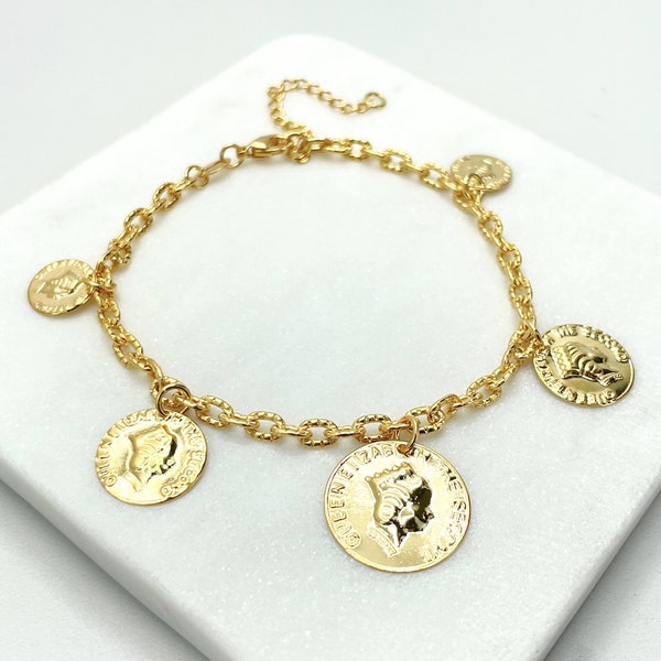 18k Gold Filled 4mm Oval Link, Queen Woman Crown, Queen Elizabeth Coins Charms Bracelet Wholesale Jewelry Making Supplies