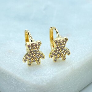 18k Gold Filled Micro Cubic Zirconia Shaped Teddy Bear Charm Hoop Earrings, Teddy Bear Minimalist Earrings, Wholesale Jewelry
