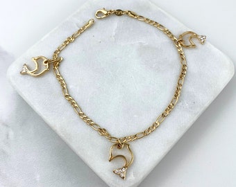 18k Gold Filled 3mm Figaro Chain Dolphins With Cubic Zirconia Anklet Wholesale Jewelry Supplies