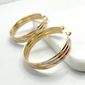 18k White or Gold Filled Two Tone Texturized 37mm x 42mm Hoop Earrings Wholesale Jewelry Supplies
