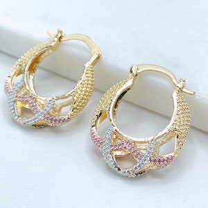 18k Gold Filled Tree Tone, Thee Color 22mm Basket Design Hoop Earrings, 6mm Thickness, Wholesale Jewelry Making Supplies