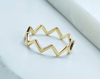 18K Gold Filled Ring, Zig Zag Wave Band, Stackable Minimal, High Polish