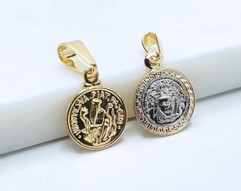 18k Gold Filled Medusa Greek Mythology Medal Charm or Amulet &quot;Virtute Tva Fiat Pax in&quot; Medal Charm, Wholesale Jewelry Making Supplies