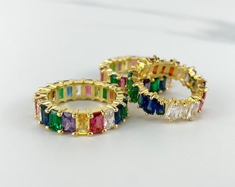 18k Gold Filled Cubic Zirconia Rainbow Ring Featuring Baguette Settings For Wholesale and Jewelry Supplies