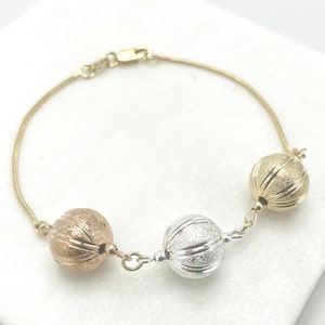 18k Gold Filled 1mm Snake Chain Three Tone, Tri-Color Texturized Balls Bracelet, Wholesale Jewelry Making Supplies