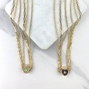 18k Gold Filled with CZ Tiny Black and Green Lock Pendant,PaperClip,Cuban Link, Round Box Necklace Choker For Wholesale and Jewelry Supplies