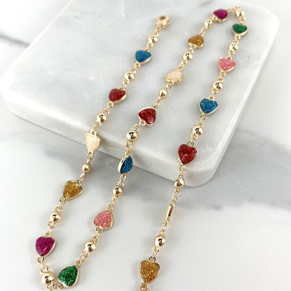 18k Gold Filled Ball Chain with Colorful Sparkle Hearts Simulated Druse Necklace Wholesale Jewelry Supplies