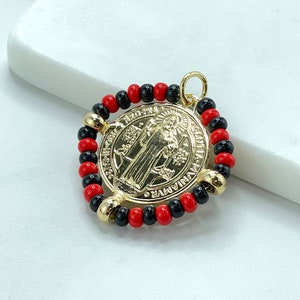18k Gold Filled San Benito Coin, Black & Red Beads, 2 Sided Round Pendant Charms, Reversible San Benito, Wholesale Jewelry Making Supplies