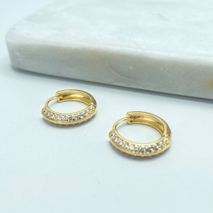 18k Gold Filled Huggie Featuring Double Line Micro Cubic Zirconia, Classic Earrings, Wholesale Jewelry
