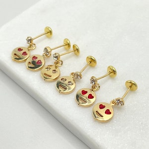 18k Gold Filled Cubic Zirconia Detail Funny Happy Face, In Love Heart Eyes Dangle Earrings, Wholesale Jewelry Making Supplies