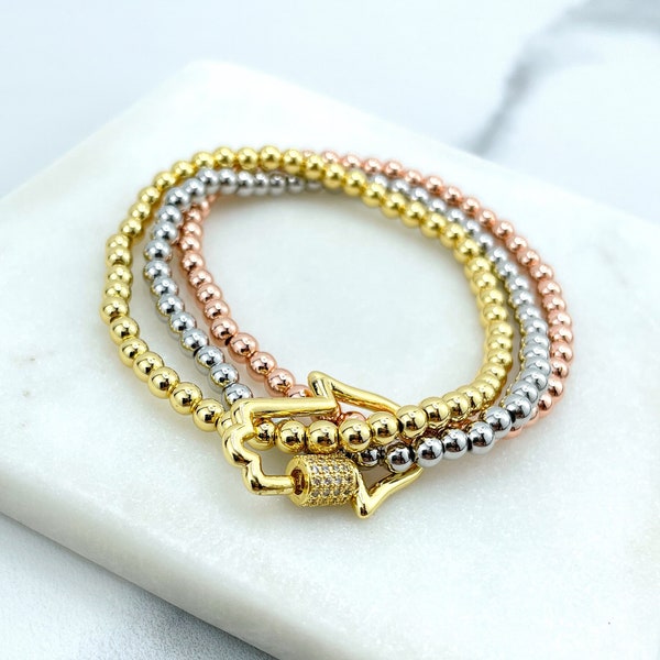 18k Gold Filled Three Tone 4mm Beads Beaded Elastic Bracelet with Three Bracelet Layers & Micro Cubic Zirconia Hamsa Hand, Wholesale Jewelry