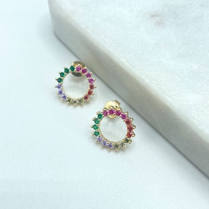 18k Gold Filled Circle Shape Stud Earrings Featuring Multicolor Micro Pave Zirconia, Wholesale Jewelry Making Supplies