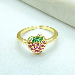 18k gold filled aardbeiring, verstelbare fruitring, roze en groene CZ-ring, kawaii cadeau voor haar, verstelbare ring, groothandel sieraden