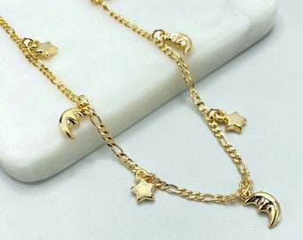 18k Gold Filled 2mm Figaro Chain, Dangle Puffed Stars & Half Moons Charms Linked Anklet, Wholesale Jewelry Making Supplies