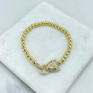 18k Gold Filled Clear Cubic Zirconia Puffed Panther Tiger Head & CZ Green Eyes Beaded Bracelet, Wholesale Jewelry Making Supplies