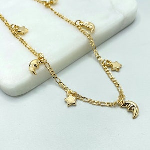 18k Gold Filled 2mm Figaro Chain, Dangle Puffed Stars & Half Moons Charms Linked Anklet, Wholesale Jewelry Making Supplies