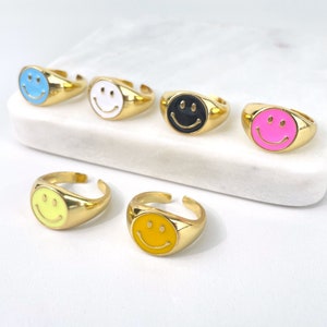 18k Gold Filled Colorful Enamel Cutie Face, Funny Face, Happy Face Adjustable Rings Wholesale Jewelry Making Supplies