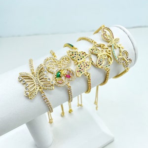 18k Gold Filled Box Chain & Sided Cubic Zirconia Adjustable Bracelet with Ornate Butterflies Charms in Different Styles, Wholesale Jewelry