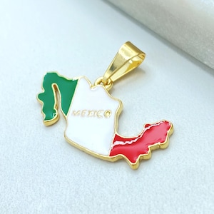 18K Gold Filled Mexico Map Pendant, Enamel Tricolor Flag Charm