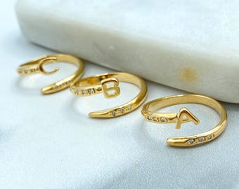Anillo ajustable con inicial, chapado en oro de 18 quilates, banda abierta personalizada con circonitas cúbicas, regalo ideal para joyería al por mayor.