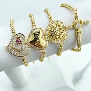18k Gold Filled Box Chain & Gold Beads Slide Clasp Bracelet, with Cross, Love Heart, Mama Heart or Tree Heart Charms, Wholesale Jewelry