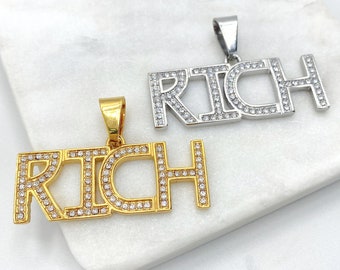 Stainless Steel RICH Pendant, Cubic Zirconia Letter Design in Gold or Silver
