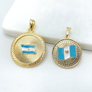 18k Gold Filled Texturized Argentina or Guatemala Colored Medal Flags, Pendant Charms, Wholesale Jewelry Making Supplies