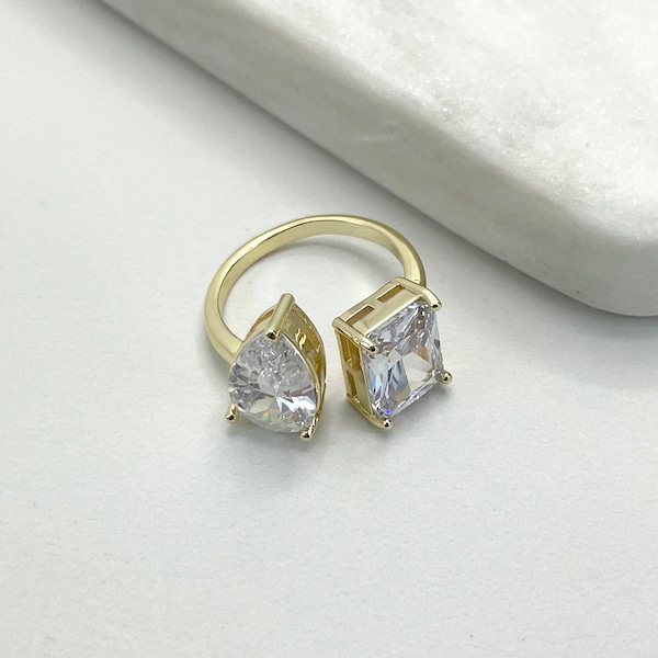 18k Gold Filled Clear Zirconia Square & Drop Shape Design, Adjustable Minimalist Ring, Wholesale Jewelry Making Supplies