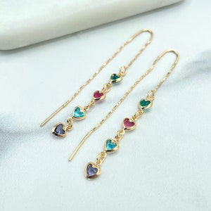 18k Gold Filled Multicolor Colorful Hearts Shape Drop Threader Earrings, Wholesale Jewelry Making Supplies