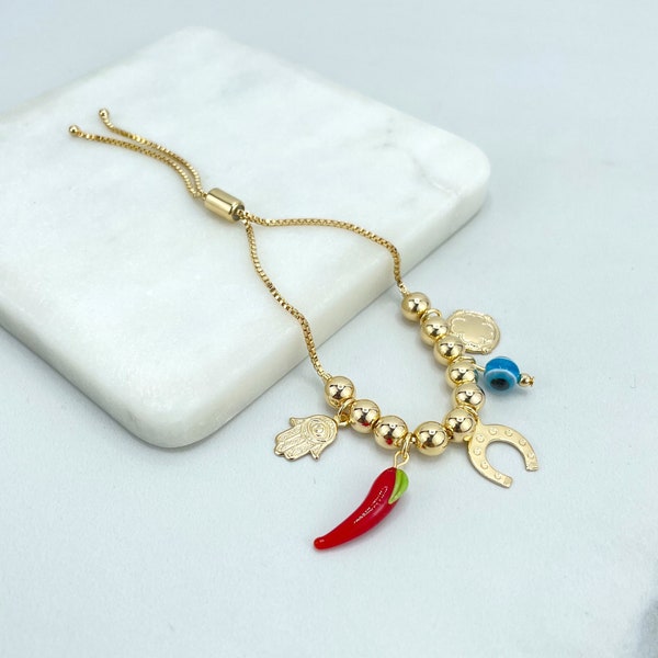 18k Gold Filled Adjustable Beaded Bracelet with Dangle Good Luck Charms, Hamsa Hand, Chilli, Horseshoe, Evil Eye & Clover, Wholesale Jewelry