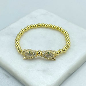 18k Gold Filled Beaded Bracelet Micro CZ Two Heads Panther Tiger Charm Bracelet, Wholesale Jewelry Making Supplies