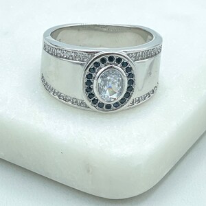 925 Sterling Silver, Band Men&#39;s Round Front Shape Black Micro Cubic Zirconia & Clear CZ Ring, Stamped 925, Wholesale Jewelry Supplies