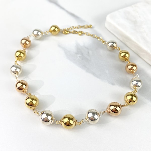 18k Gold Filled Three Tone Ball Choker, Gold, Silver & Rose Gold, Wholesale Jewelry Making Supplies