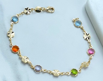 18k Gold Filled Multicolor Crystal Flower Charm and Gold Flower Charm Bracelet, Linked Flowers Bracelet, Wholesale Jewelry