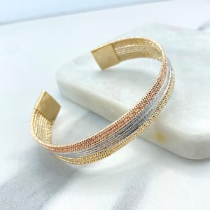 18K Gold Filled Tri Tone Cuff Bracelet, Multi Strand Texture, Open Bangle