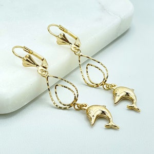 18k Gold Filled Cutout Double Tear Shape with Dangle Dolphins Charms Earrings, Wholesale Jewelry Making Supplies