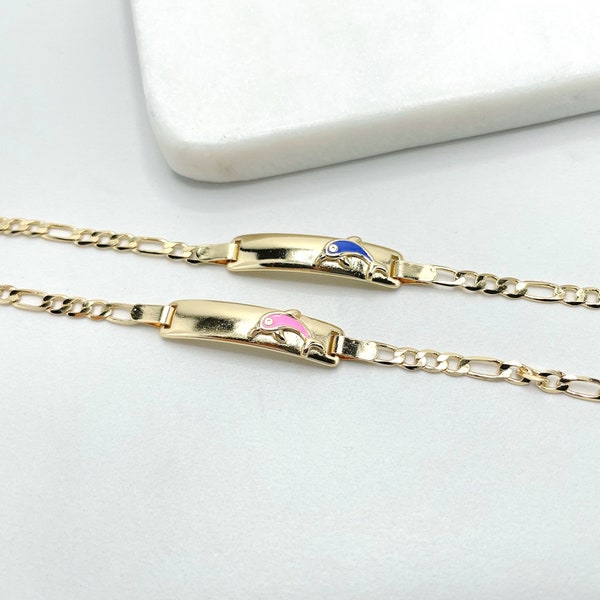 18k Gold Filled 3mm Figaro Link Chain with Enamel Pink or Blue Dolphin in ID Kids Children Bracelet, Wholesale Jewelry Making Supplies